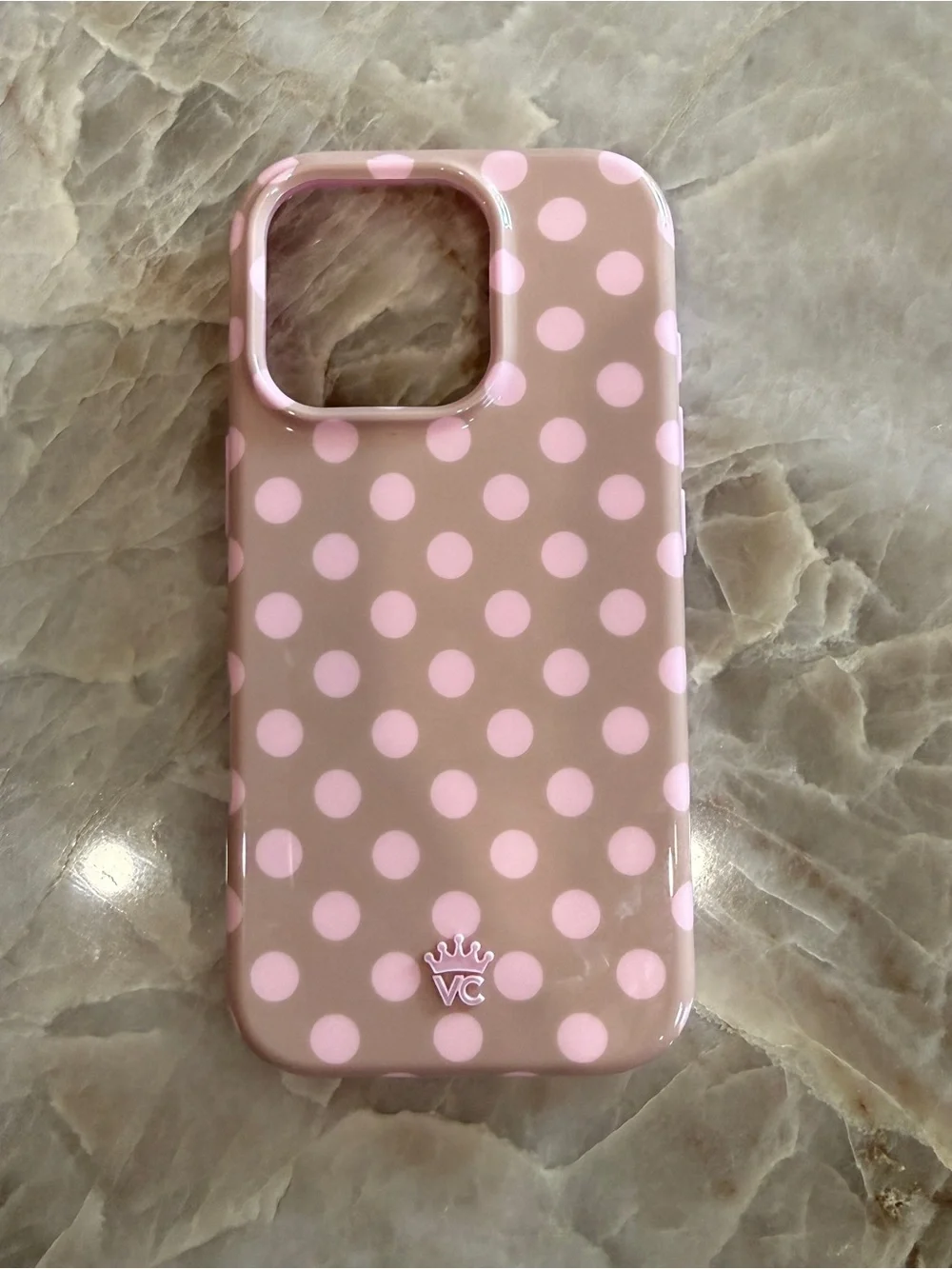 Velvet Caviar Pink Polka Dot Phone Case - Brown Background